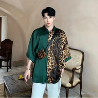 men leopard patchwork silk style casual short sleeved shirt slanting leopard print bag adornment plus size street loose shirt