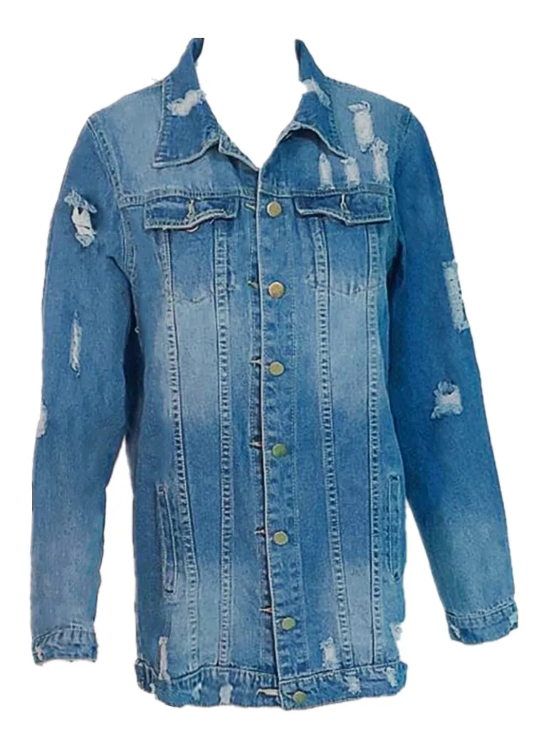 Женская длинная джинсовая куртка с дырками и длинным рукавом | одежда