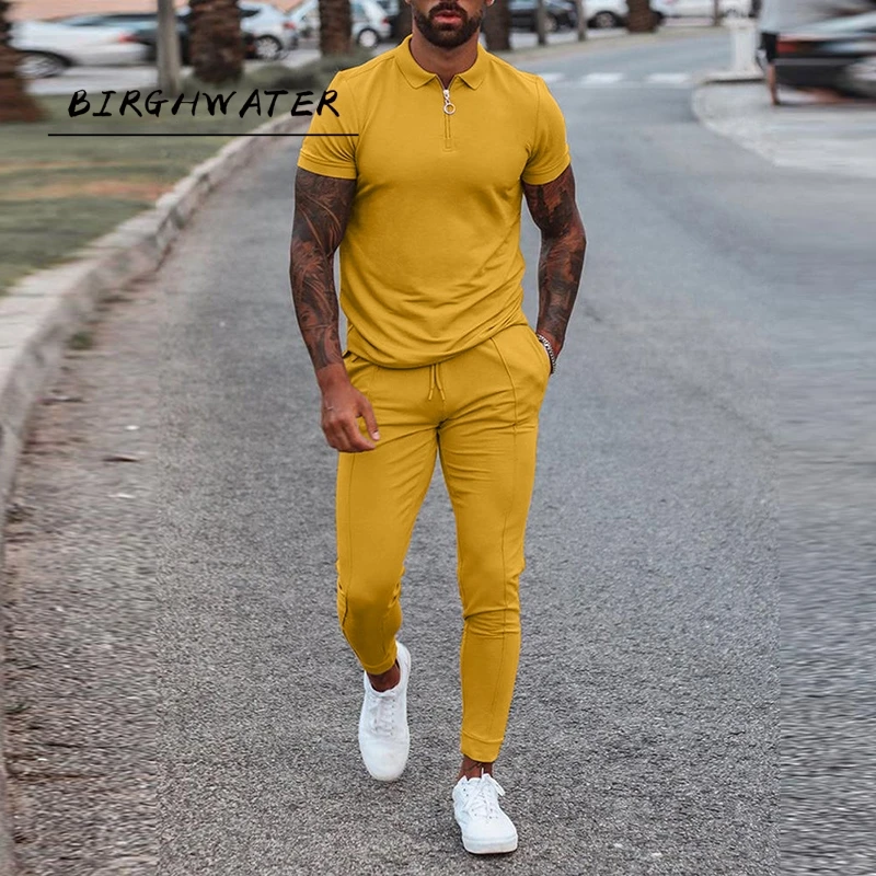 

2021 Summer Streetwear Fashion 2 Piece Set For Men Short Sleeve Tops And Drawstring Pants Suits Mens Clothes Casual Solid Outfit