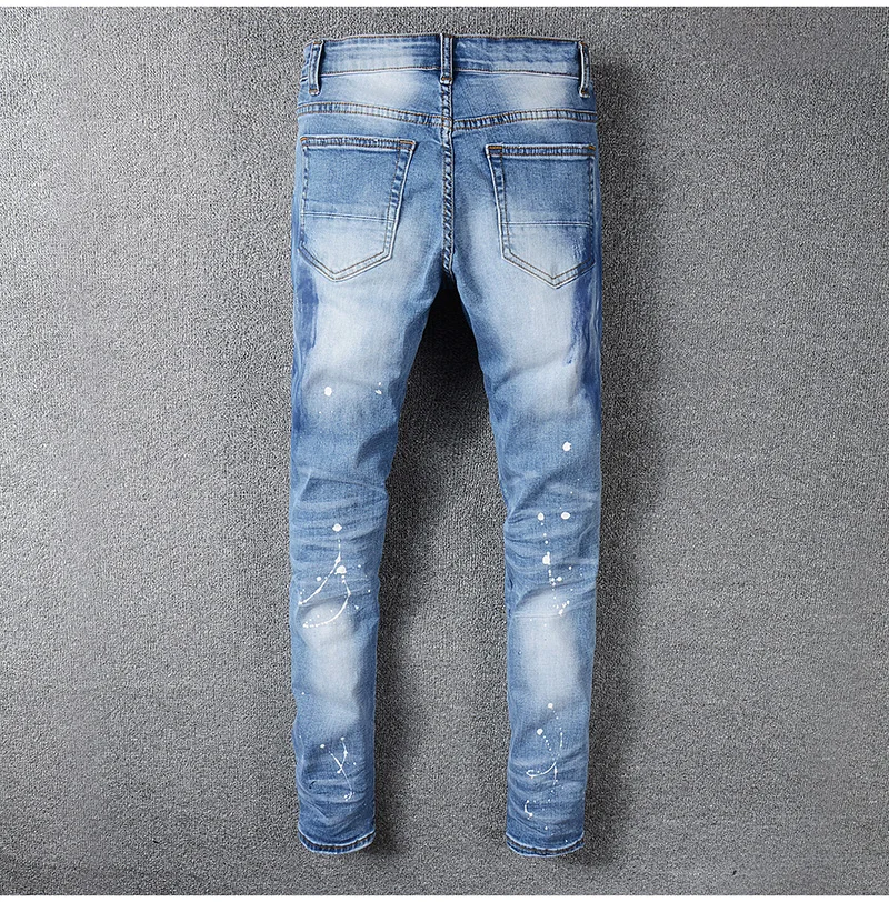 New Men's male rhinestone crystal patchwork light blue ripped jeans Slim fit skinny stretch denim pants trousers 563