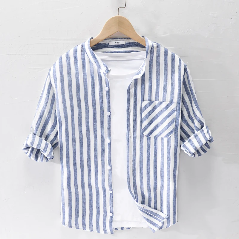 

100% Linen three-quarter sleeve summer shirts men brand breathable stand collar shirt for men stripe casual shirt male chemise