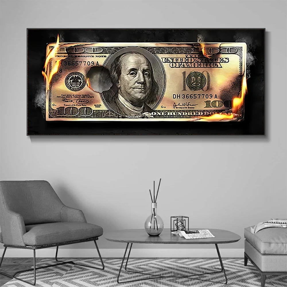 

Modern Art Canvas Painting Burning 100 Dollar Inspirational Poster and Printmaking Creative Picture Living Room Wall Decoration