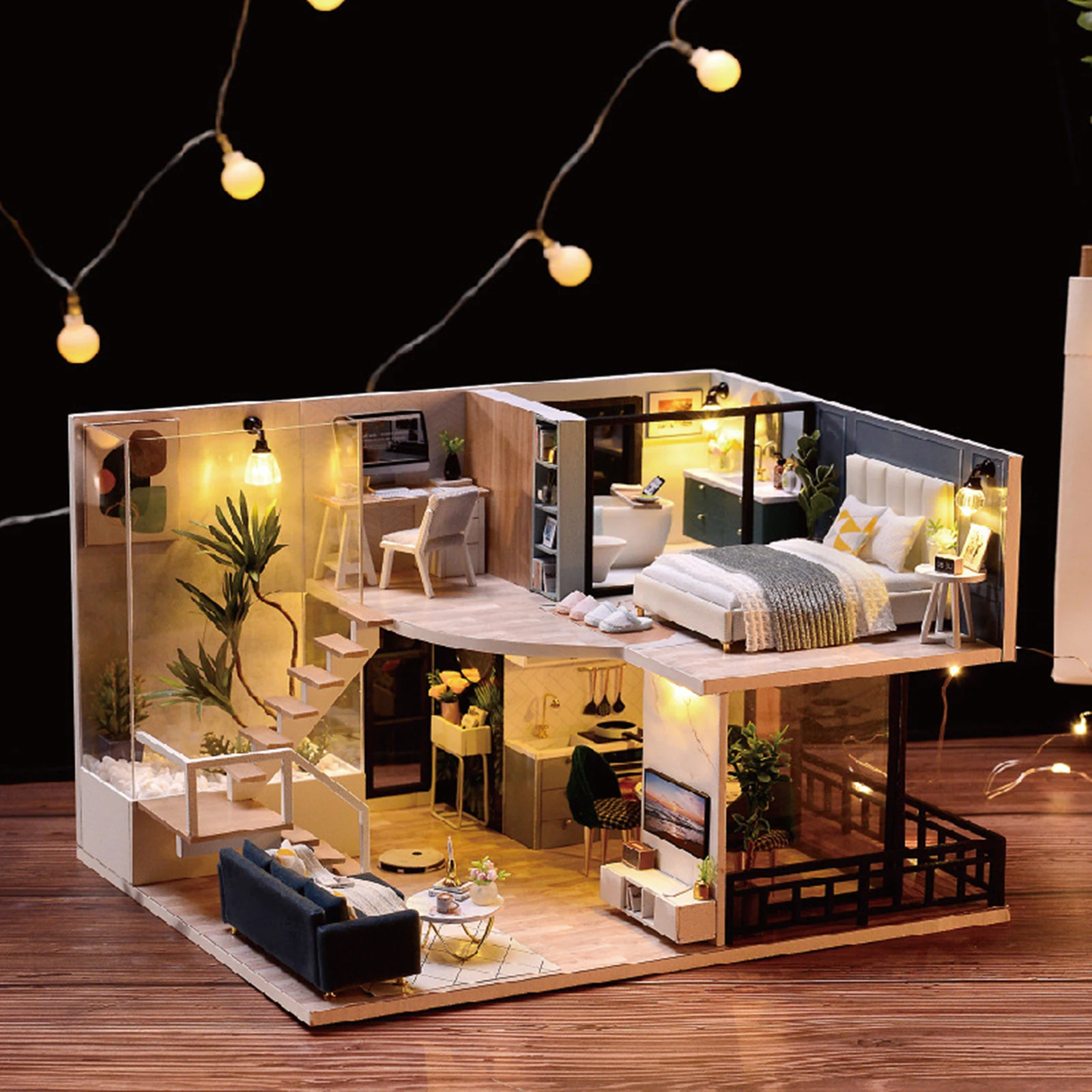 

Creative Miniature Wood Doll House Furniture Set LED Cottage 3D Puzzles Toy