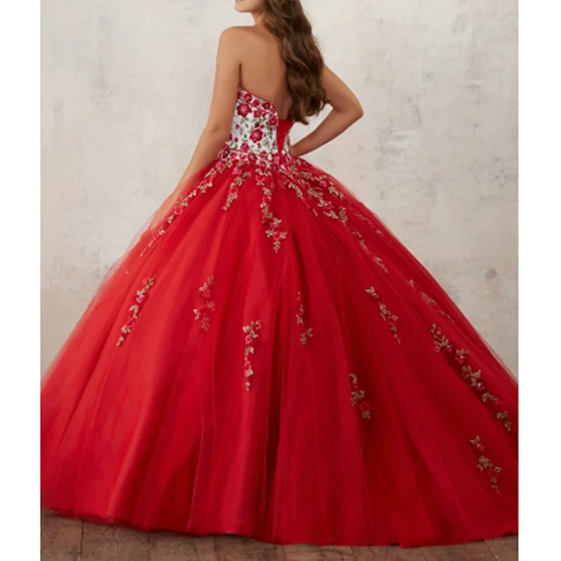Красные платья с вышивкой для Quinceanera из тюля бисером и кристаллами 15-летних