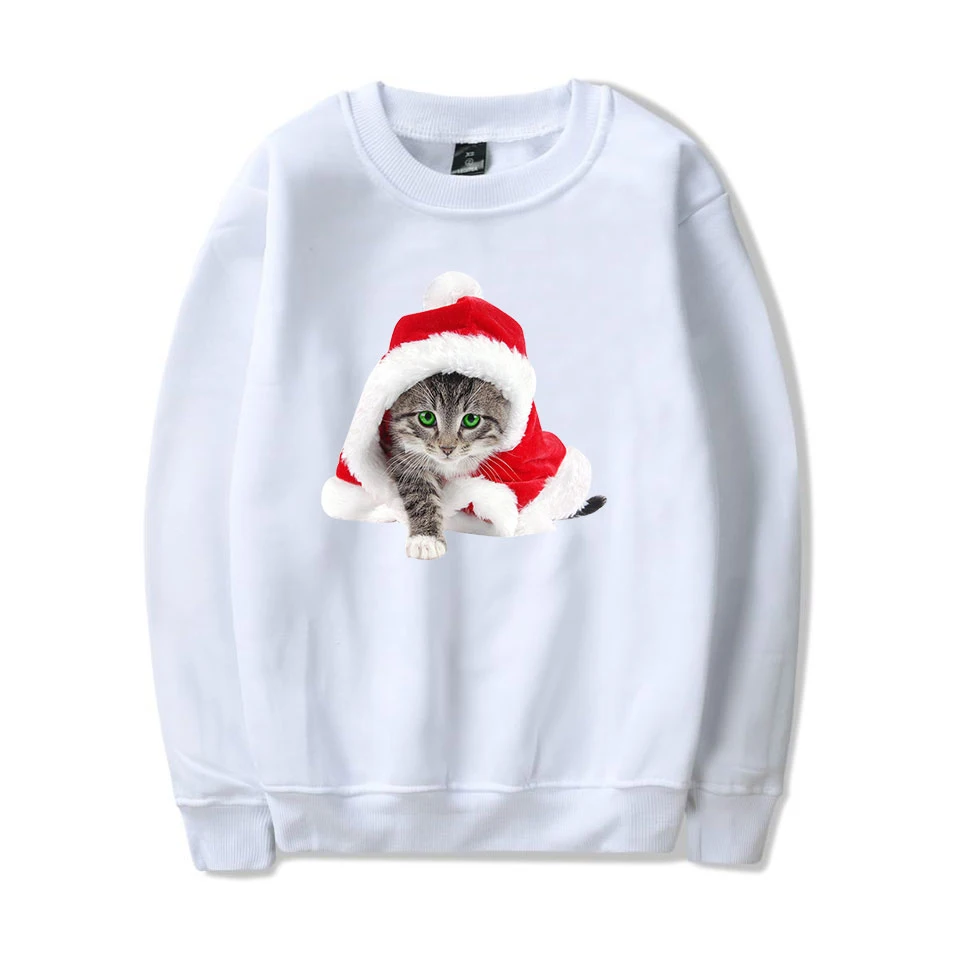 Белые толстовки с круглым вырезом для мужчин 2019 Рождественский принт милый кот