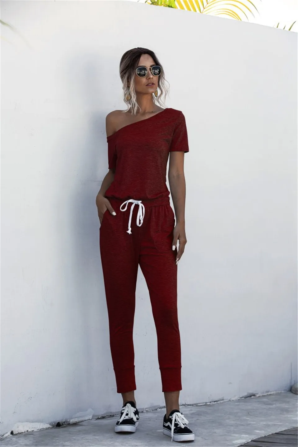 

Women Solid Color Jumpsuits Summer Drawstring Design Pockets Decor Oblique Collar Short Sleeve Mid Waist Slim Jumpsuits Fashion