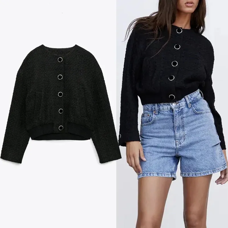 

Жакет Za женский черный бомбер осенние женские куртки 2021 винтажная текстурная укороченная куртка-бомбер с длинным рукавом верхняя одежда