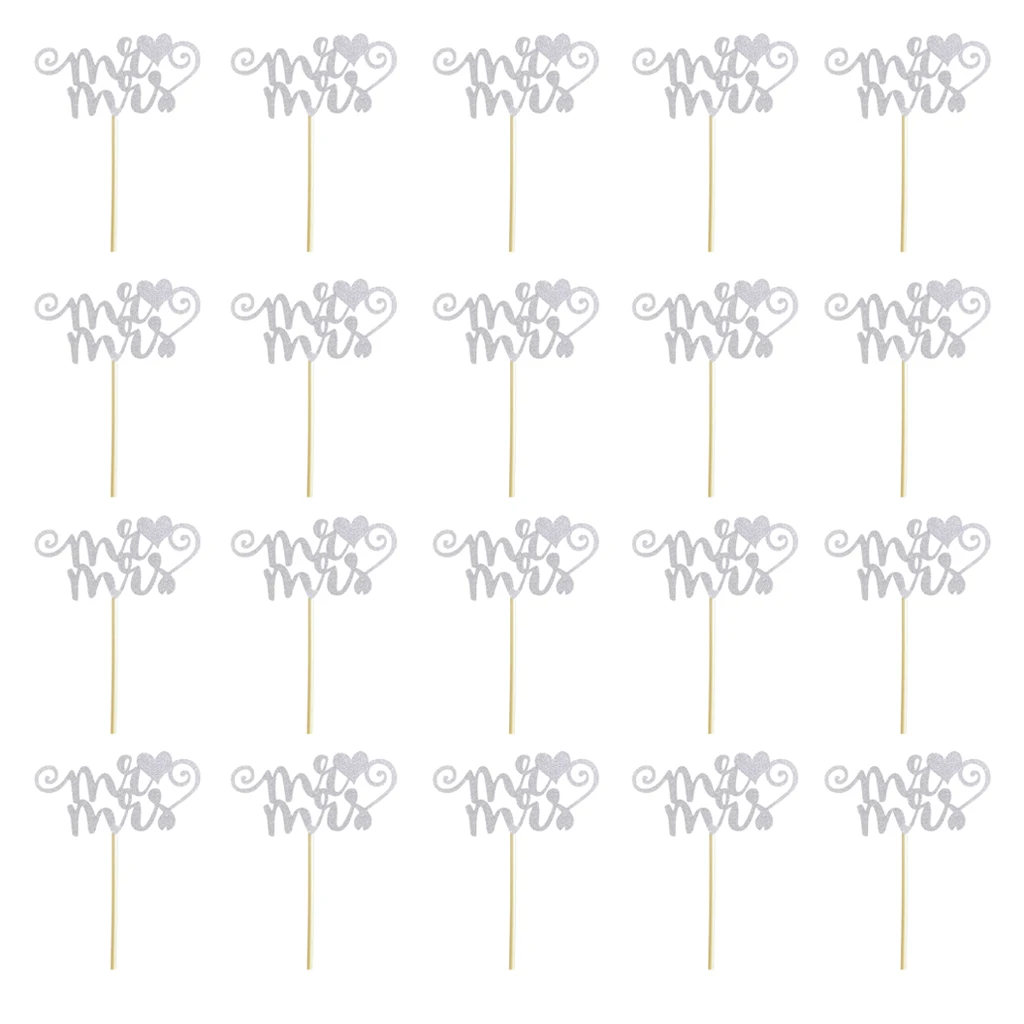 20pcs/set Glitter Paper Wedding Mr &amp Mrs Heart Cake Cupcake Topper Pick Decor Gold/Silver | Дом и сад