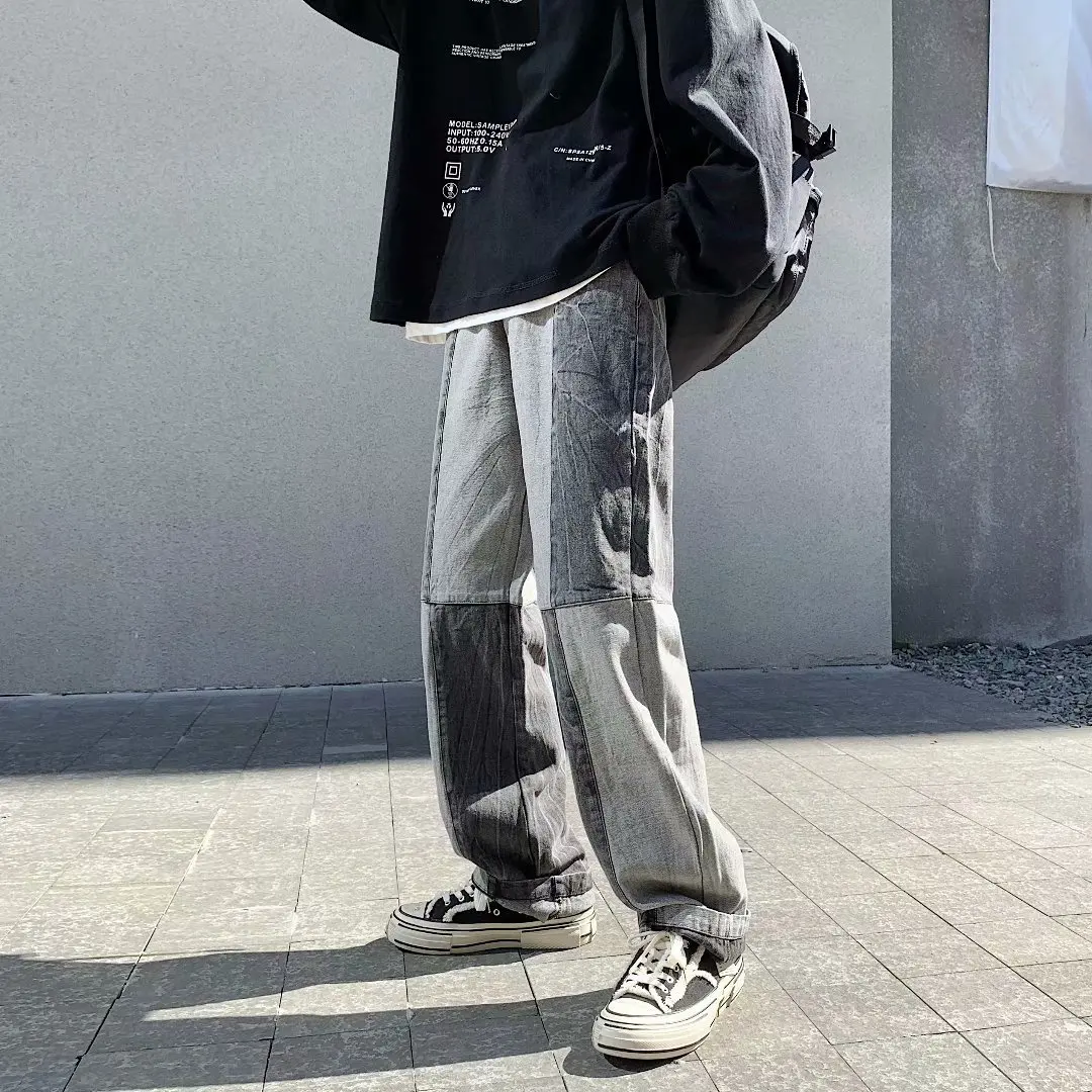 

Men Jeans Patchwork Straight Wide Leg Loose Plus Size 3XL Streetwear Students Hip Hop Vintage All-match Fashion Casual Daily New