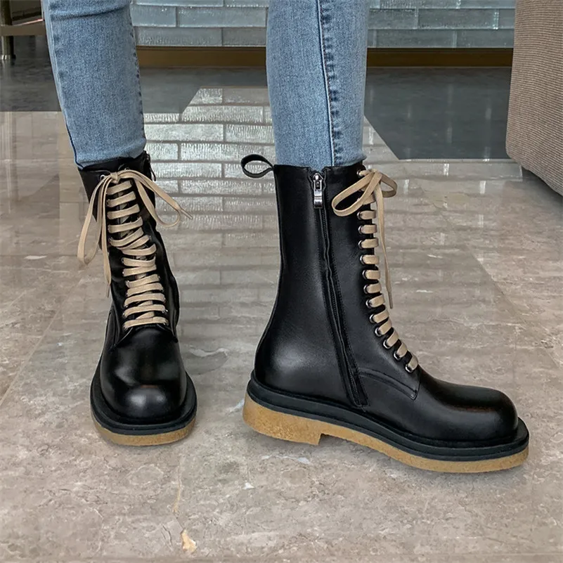 

ANNYMOLI Real Leather Platform Mid Heel Motorcycle Boots Women Shoes Zipper Cross Tied Block Heels Mid Calf Boots Female Black