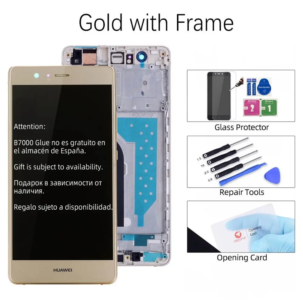 Дисплей для HUAWEI P9 Lite VNS-L31 L21 L19 L23 LCD в сборе с тачскрином на рамке 5.2'' черный белый золото - Цвет: Gold with Frame