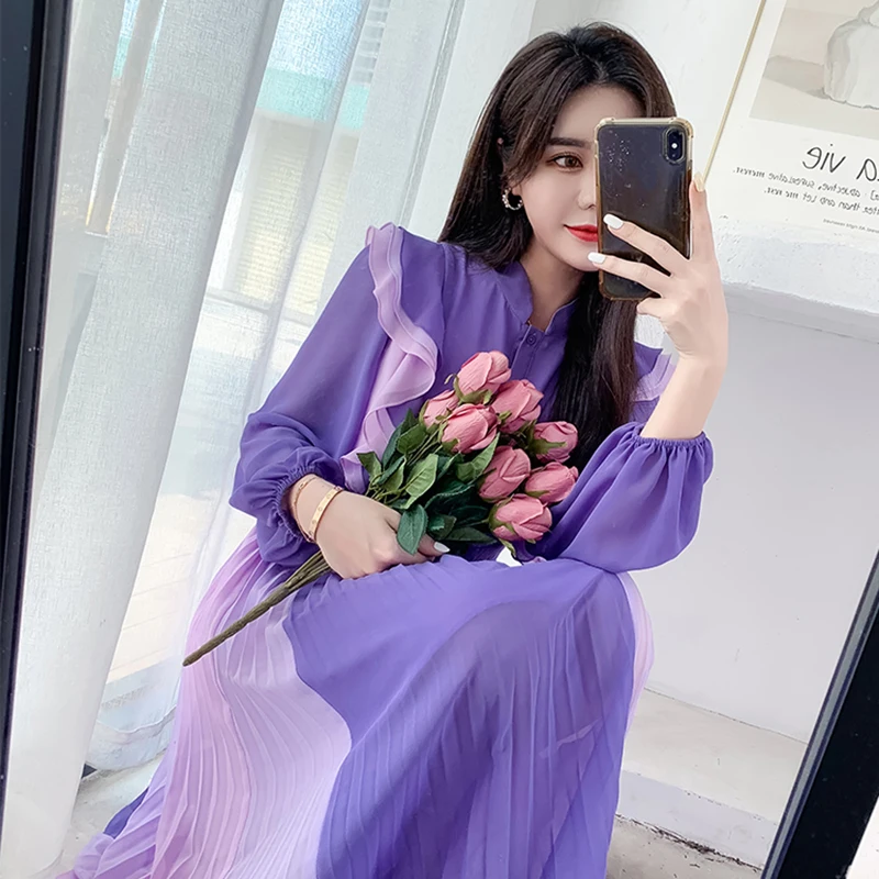

GALCAUR Casual Patchwork Dress For Women Stand Collar Lantern Long Sleeve High Waist A Line Hit Color Ruched Dresses Female 2021