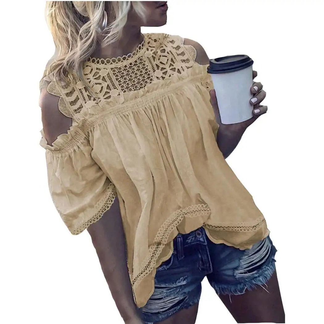 Женская кружевная открытая Модная Повседневная тонкая рубашка с круглым вырезом