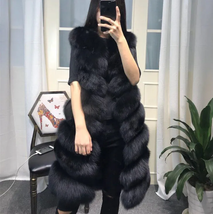 

hot Womens Winter Fashion 2021 Natural Fox Fur Vest Real Fur Gilet 90CM Womens Real Fox Fur Vest Long Coat dropshipping