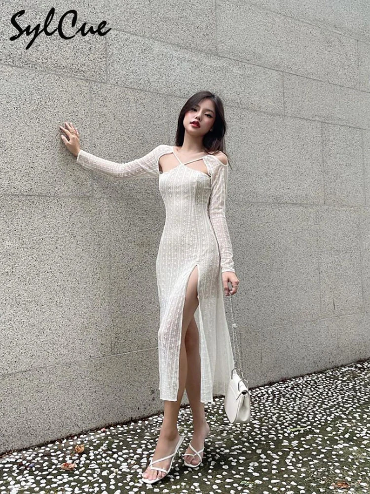 

Sylcue Transparent Backless Pattern Sexy Nightclub Charm Hot High Street Feminine Mature Long Women's Straight Dress