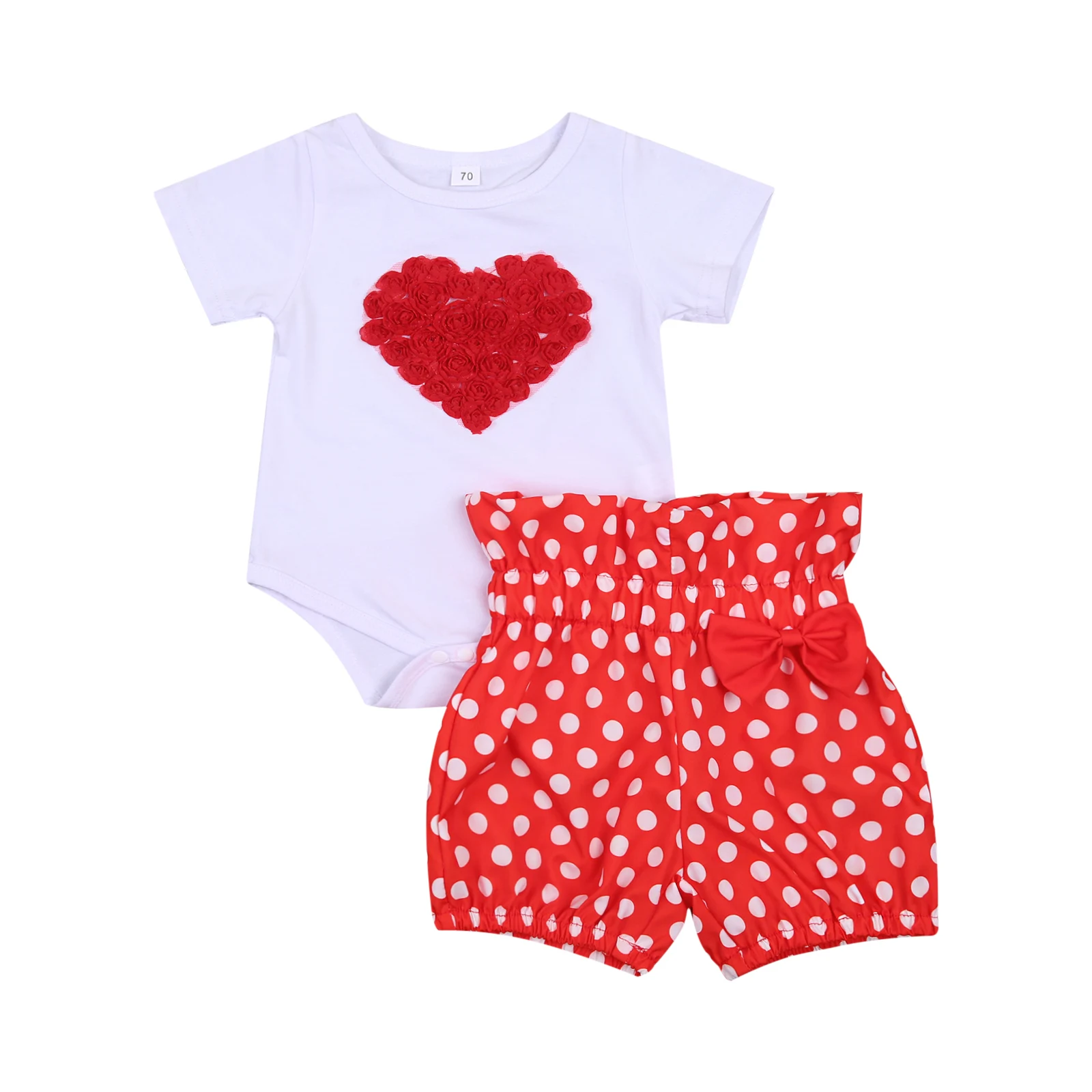 Conjunto de dos piezas de verano para reci&eacute;n nacido, Pelele de manga corta con estampado de coraz&oacute;n, Tops, pantalones cortos de lunares para beb&eacute; ni&ntilde;a-1