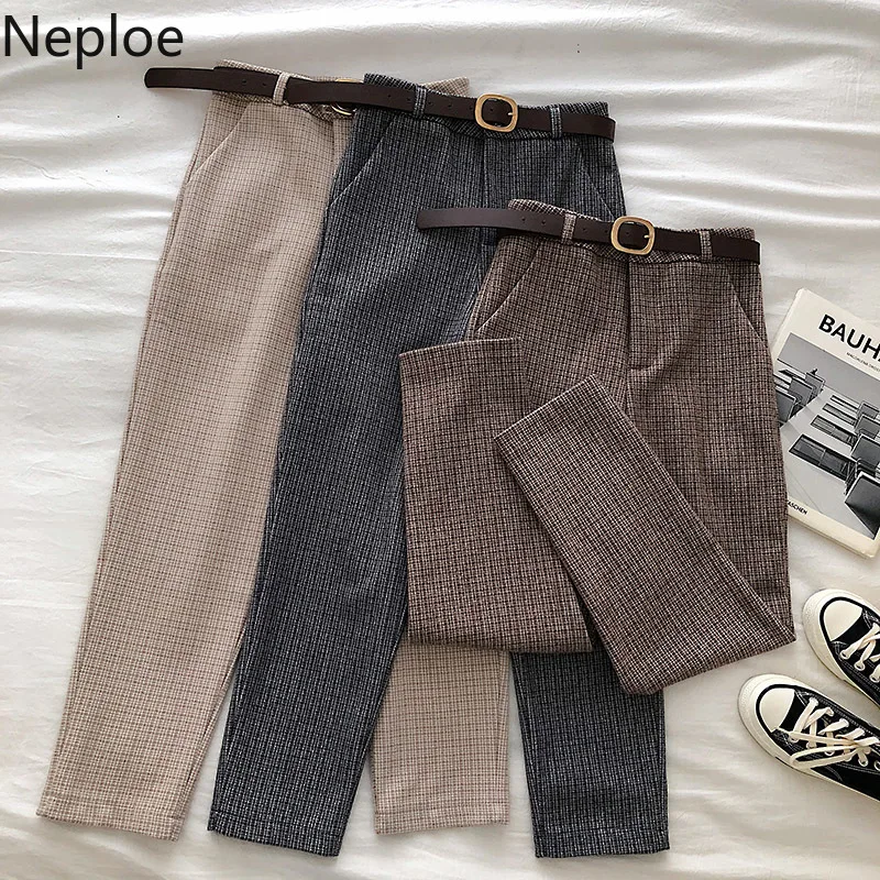 Neploe/клетчатые шерстяные штаны в британском стиле с высокой талией брюки поясом