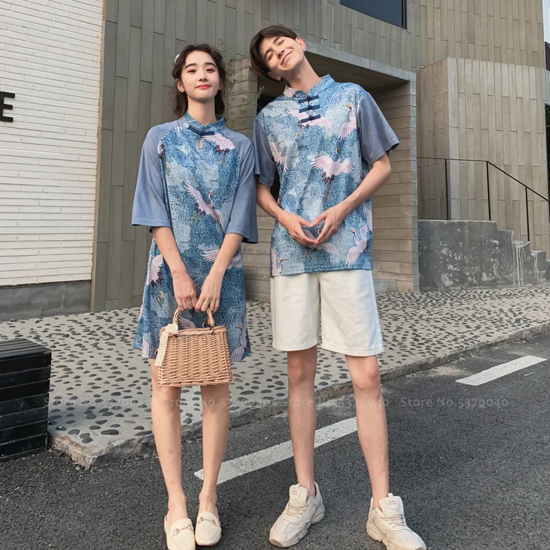 Женский и мужской костюм традиционный китайский Чонсам с принтом журавль Qipao Hanfu