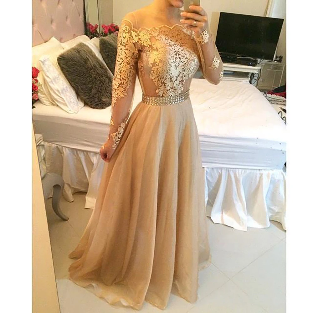 

Formal Custom Applique A Line Evening Dresses Bateau Long Sleeve Organza Lace Champagne Illusion Girls Pageant Prom Party Gown
