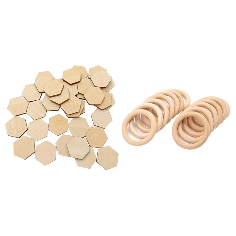 

100 Wooden Pieces Hexagon Wood Shape Beech Wood & 60 Pcs Wood Rings,Unfinished Wood Circles