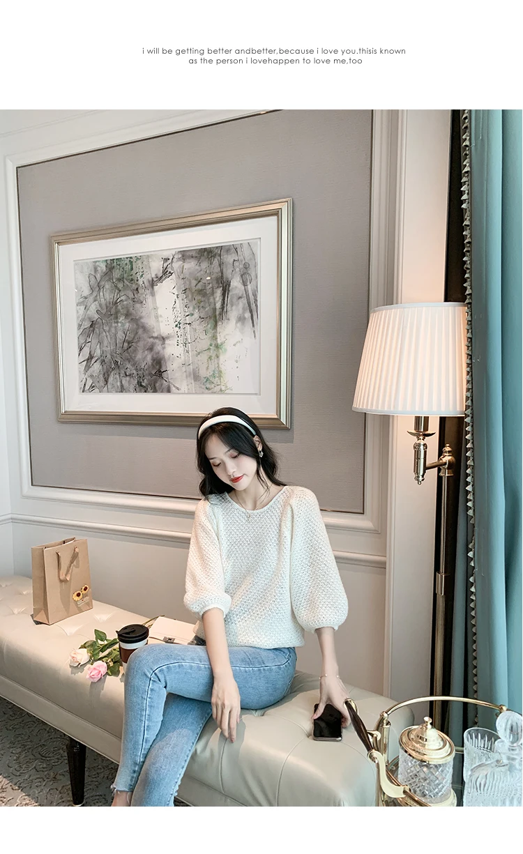 

New style in autumn and winter 2020, round neck loose knit sweater hollowed out, medium sleeve large women's top trend