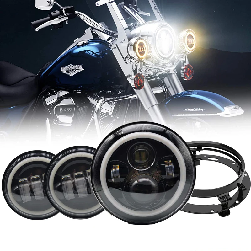 

7" Black Halo LED Headlight + 4-1/2" Fog Passing Lights DRL Motorcycle Headlamp Kit Set for Harley Road King Heritage Softail
