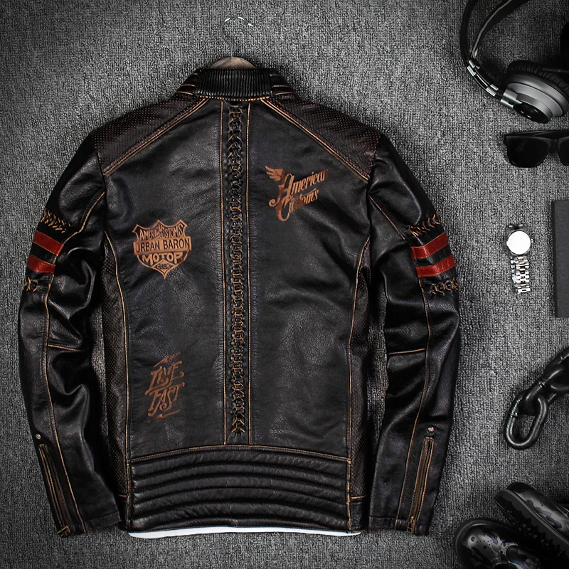 

Mens Leather Jackets Cowskin Genuine Leather Overcoat Stand Collar Slim Embroidery Pattern Leather Coats 3XL Male Clothing