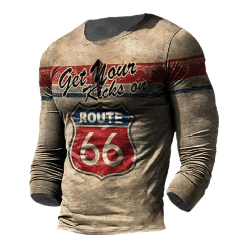 

2021 Spring and Autumn New Retro Men's Outdoor "Get Your Kicks On Route 66" 3D Printed Long-sleeved Round Neck Tactical T-shirt