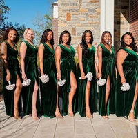 dark green velvet bridesmaid dresses side split long wedding party gowns v neck maid of honor plus size bride dress