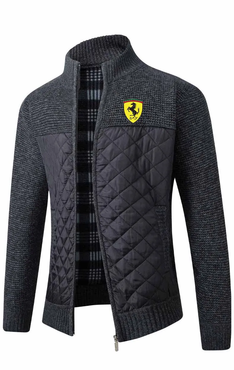

Осень/Зима 2021, мужской свитер с бархатной подкладкой и логотипом Ferrari, трикотажная клетчатая куртка