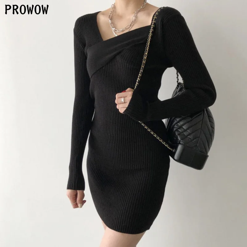 

One-Piece Knitt Dress Woman Korean Long Sleeve Sweater Dresses Women Autumn Winter Knitted Sweater Dress Lady Midi Dresses 2020