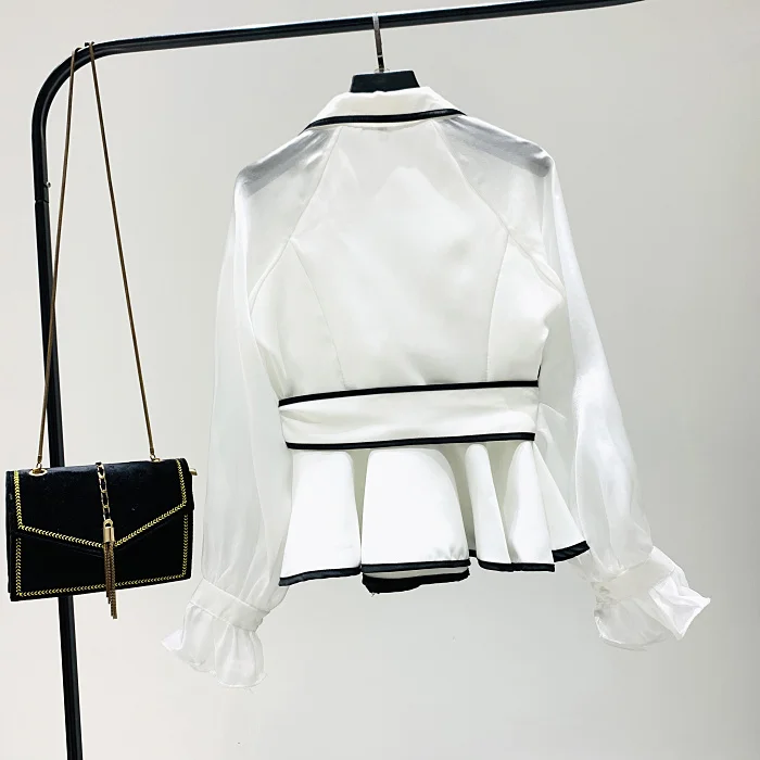 White Chiffon Blouse Women Notched Collar Flare Sleeve Shirt Solid Color Ladies Elegant Black Stripe Edge Blusa Tops | Женская одежда