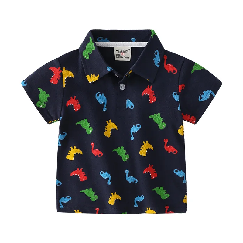 

2021 Summer Korean Boy Short Sleeve POLO Shirt Dinosaur Cartoon Print Casual Fashion Boy Baby Top