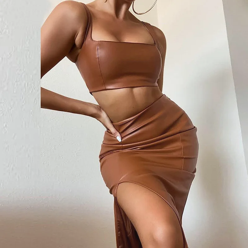 

Sexy PU Faux Leather Two-pieces Sets Party Office Clubwear Women Spaghetti Straps Crop Tank Top+Split Midi Bodycon Skirt