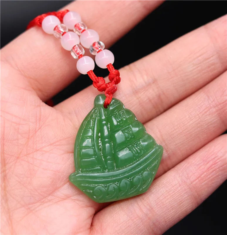 

Chinese Green Jade Smooth Sailing Pendant Necklace Jewellery Hand-Carved Relax Healing Women Man Luck Gift Free Rope Amulet P15