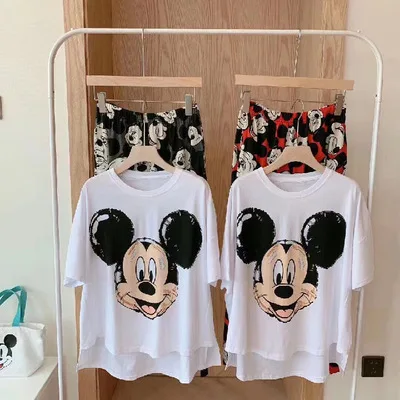 Летняя одежда для сна Disney Хлопковая пижама женская домашняя с мультяшным Микки