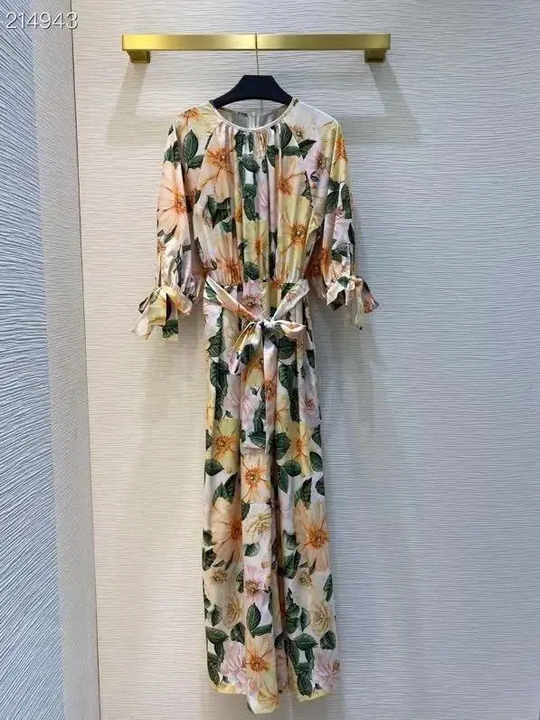 

2021 New Runway Spring Summer Camellia Flower Long Print Jumpsuits Ladies Elegant Half Sleeve Wide Leg Romper Overall