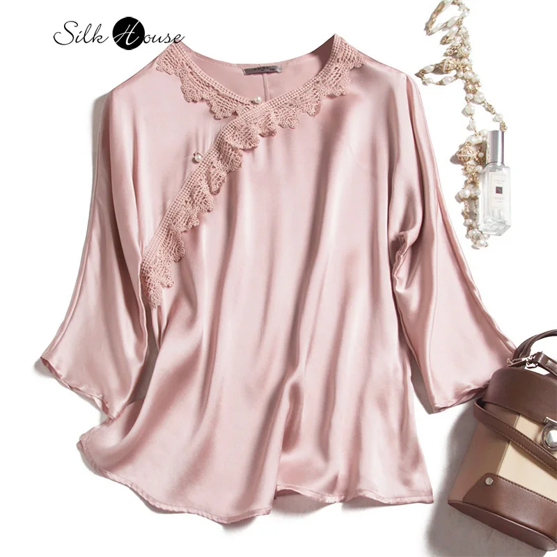 

Silk Blouse Women Autumn Silk Temperament Silk Splice Shirt Design Small Crowd Short Sleeve T Shirt
