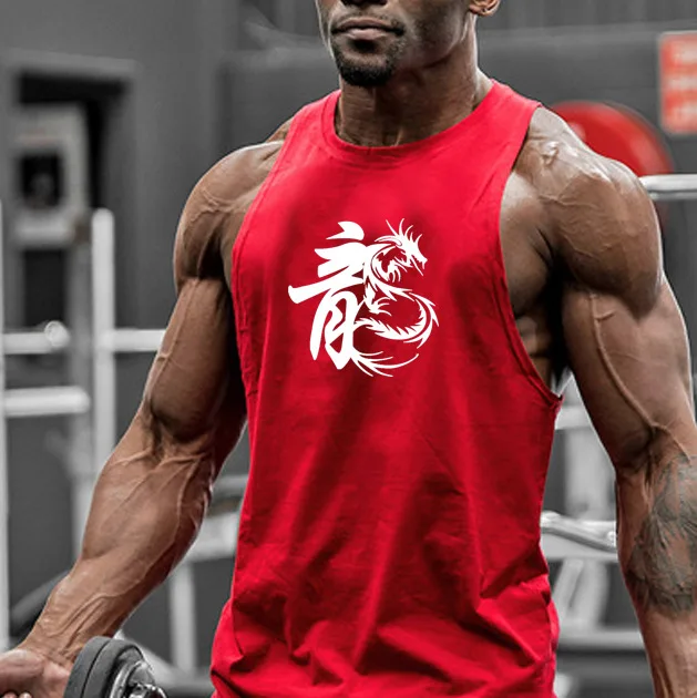 

Muscle Dragon print cotton sleeveless shirts tank top men Fitness shirt mens singlet Bodybuilding workout gym vest fitness