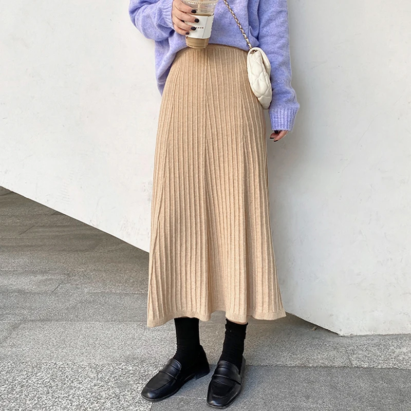 

Женская трикотажная юбка, элегантная длинная Плиссированная юбка с высокой талией, винтажная модель 2020 на осень и зиму, миди юбка куртка