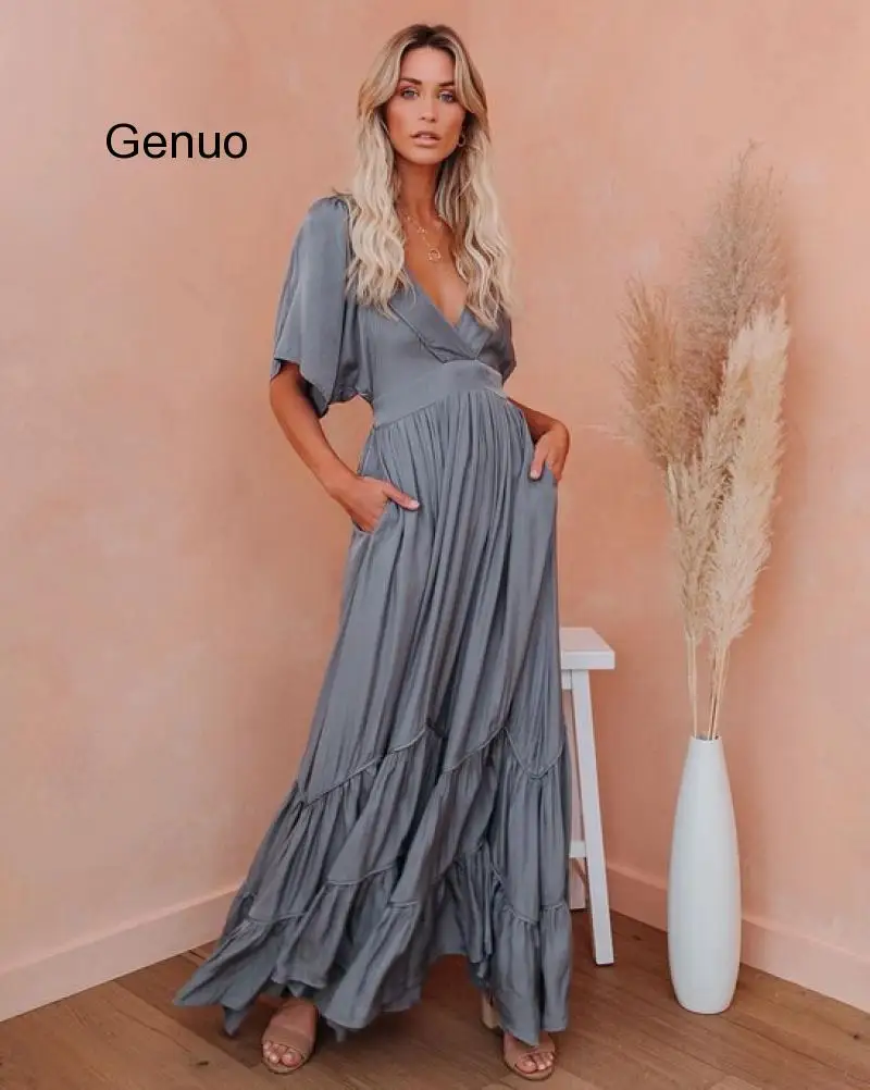 

Women Bandage Beach Dress V-neck Ruffles Vintage Boho Dresses Plus Size Short Sleeve Sexy Long Dresses Women 2020 New Fashion