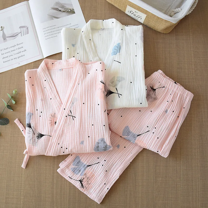 

Spring and Summer Soft Cotton Kimono Pajamas Set Japan Style V Neck Print Plus Size Pijama Casual Loungewear Women Sleepwear