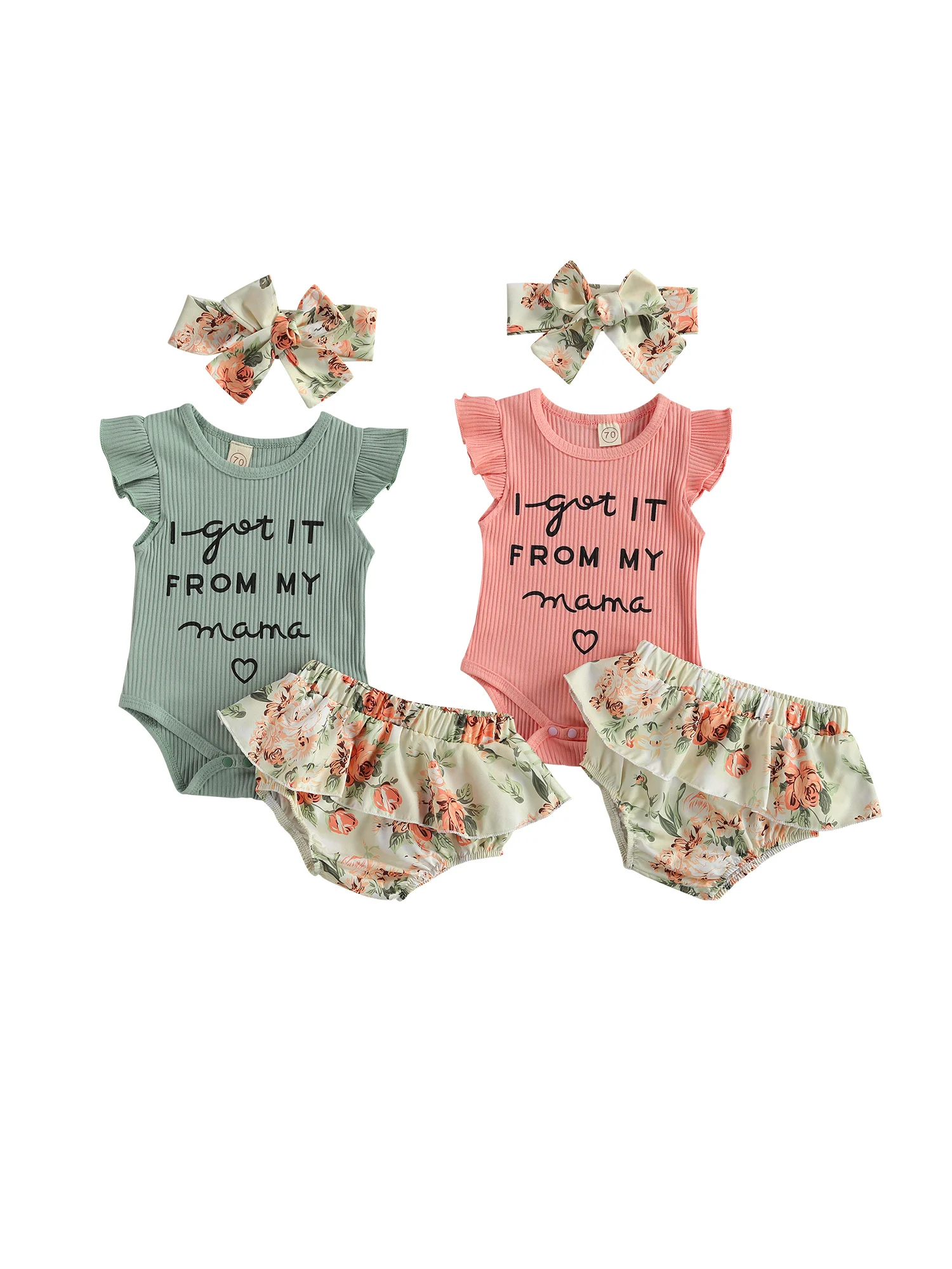 

Newborn Baby Girls 3PC Outfit Set Fly Sleeve Letter Print Romper+Floral Shorts+Headband Set Clothes