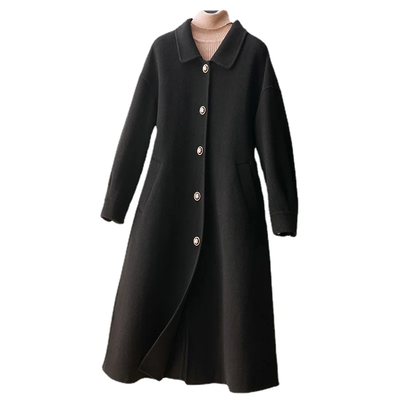 

Женское шерстяное пальто, Черное длинное двухстороннее пальто из 2021 натуральной шерсти, в винтажном стиле, Gmm69, Осень-Зима 100%