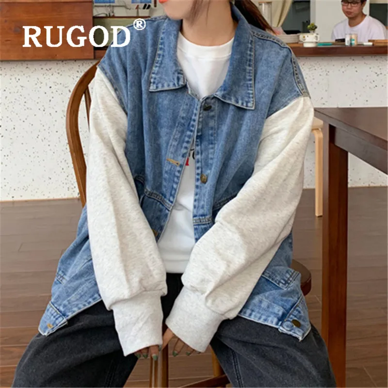 Женская джинсовая куртка RUGOD Повседневная Свободная Толстовка с имитацией