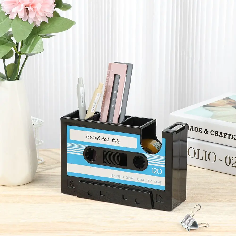 

Desktop Storage Box Vintage with Adhesive Tape Plastic Pencil Holder Pen Container Cassette Tape Pencil Case