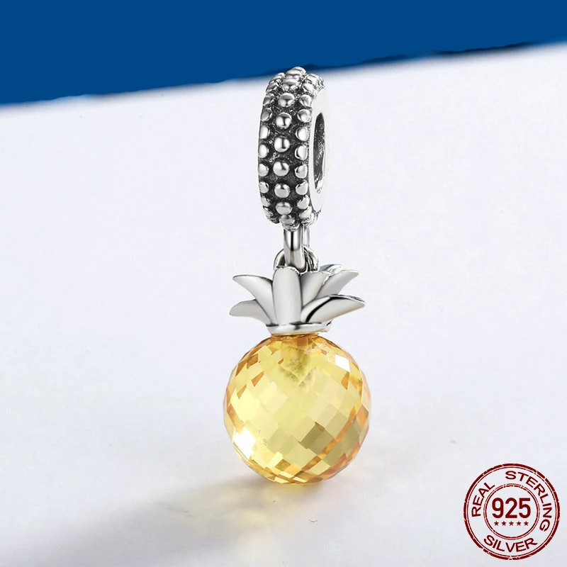 

925 Sterling Silver Summer Yellow Crystal Pineapple CZ Pendant Beads fit Charm Bracelet DIY Jewelry Gift