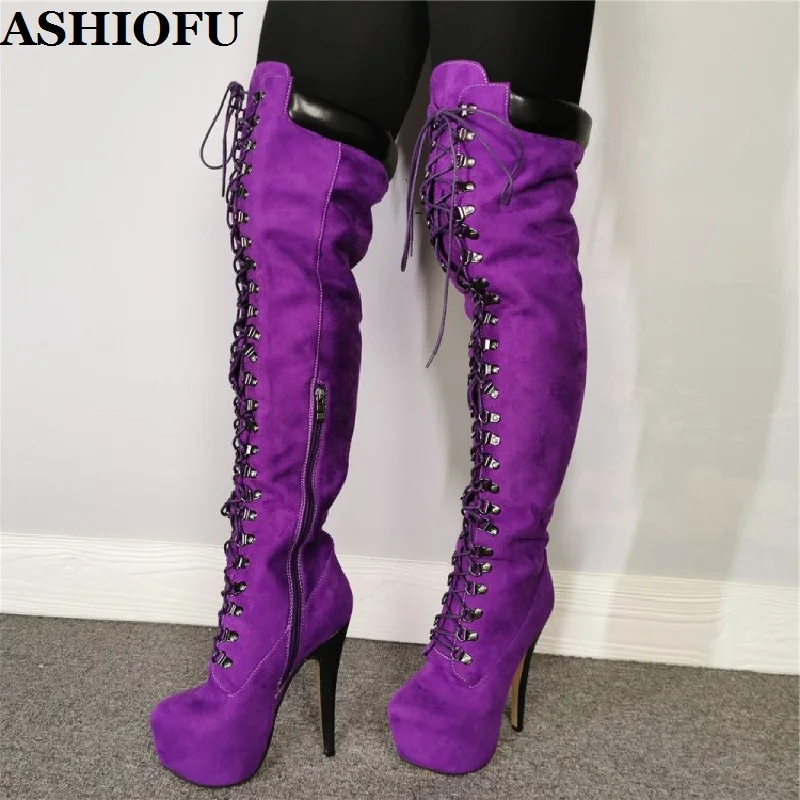 

ASHIOFU Handmade Real Photos Ladies Over Knee Boots Cross Straps Shoelace Thigh High Boots Winter Evening Fashion Stiletto Boots