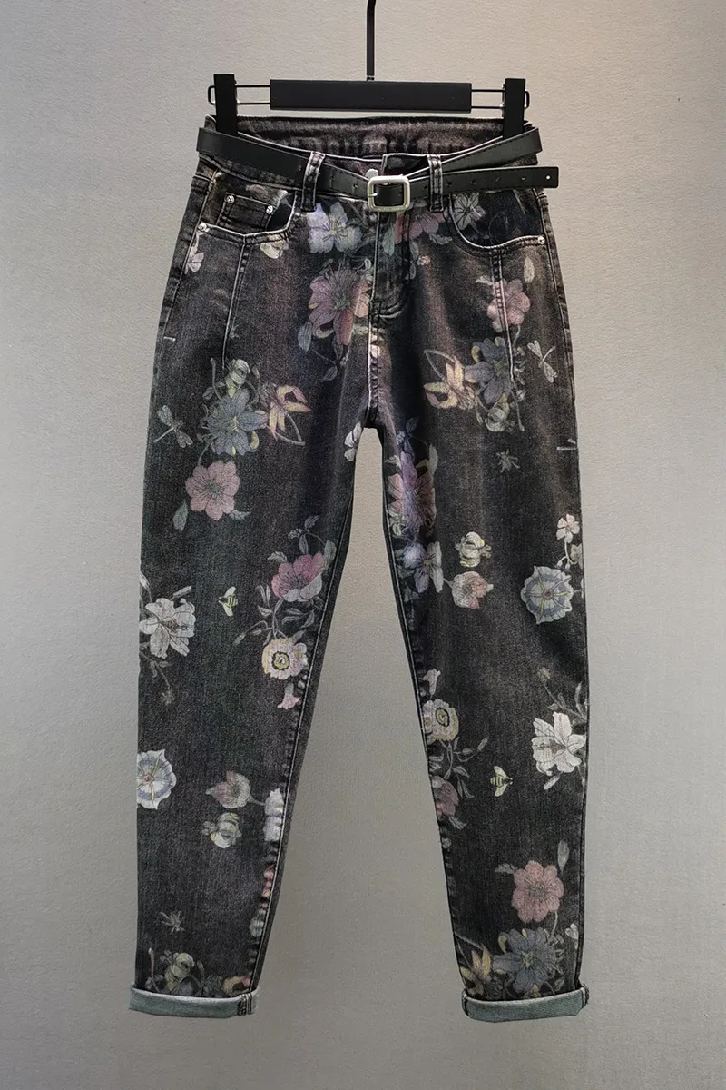 

Large Size Jeans Women's 2020 Autumn New High Waist Loose All-match Floral Printed Harem Denim Pants Female Grey Black Jean Lady