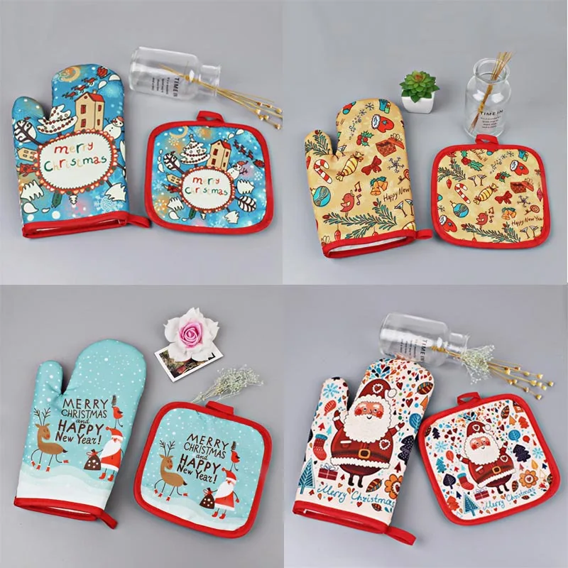 

2pcs/set Christmas Baking Anti-Hot Gloves Oven Microwave Insulation Mat Xmas Supply Mitts and Potholder mat For BBQ Home Kitchen
